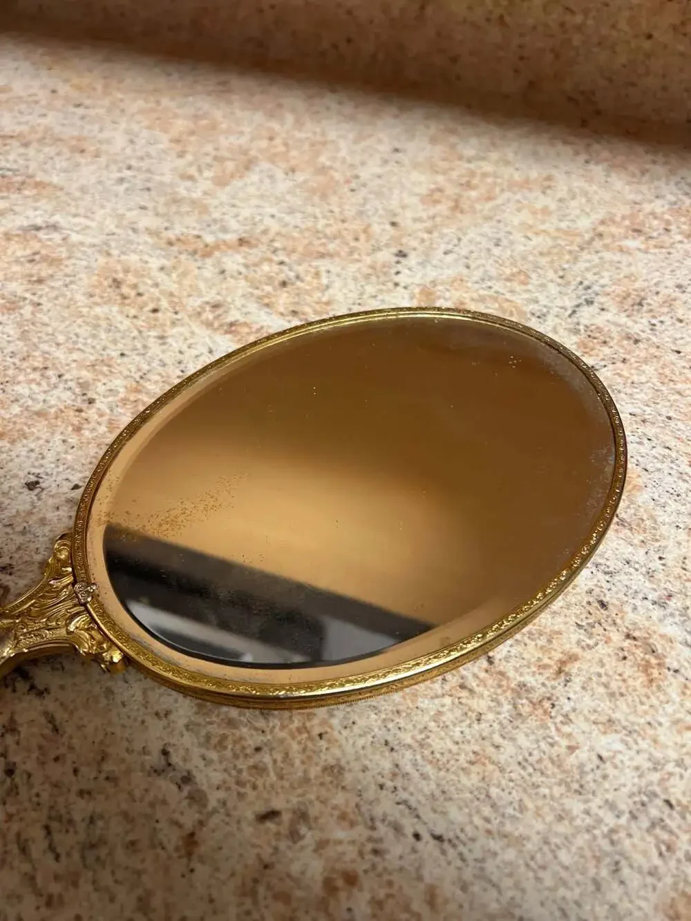 Vintage Ornate Gilt Bronze Hand Held Vanity Mirror Cream m Cabochon Stone